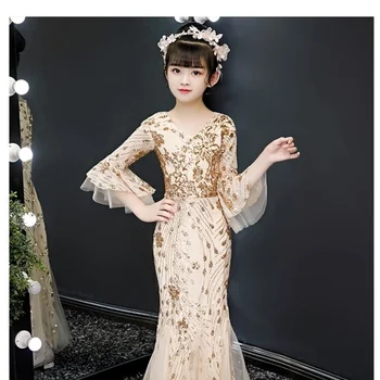Детско луксозна сватбена рокля за момичета, вечерна дебнещ рокля-тромпет, русалка, елегантен коктейл рокля в китайски стил