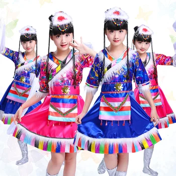 Нови Детски костюми за тибетски танци, детски костюми Монголия, ръкави на дрехи, костюми за момичета, панорамен ръкав за тибетската вода