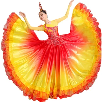 Нови дамски поли за испанското фламенко, който отваря танцово рокля, рокля с голямо махало, възрастен женски костюм за модерни танци на сцената
