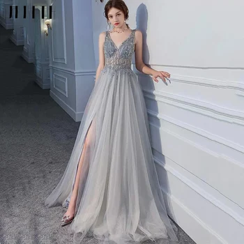 Сиво дантелено вечерна рокля JEHETH с V-образно деколте 2023, расшитое мъниста и пайети, с отворен гръб, без ръкави, дълга бална рокля за бала, сшитое по поръчка