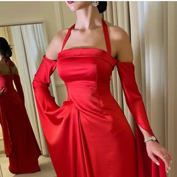 Елегантна дълга вечерна рокля от червен сатен, дебнещ рокля с открити рамене, дълги до пода, вечерни рокли за жени