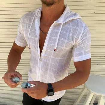 Новата пролетно-лятна мъжка мода готина однотонная памучен тениска с качулка и V-образно деколте и къс ръкав