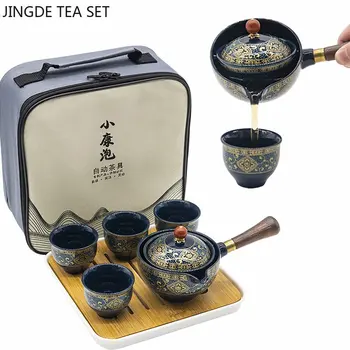 Китайски порцелан чай, преносим керамичен чайник, комплект за заваряване на чай с въртене на 360 градуса, една кана и четири чаши, подаръци за чайна церемония