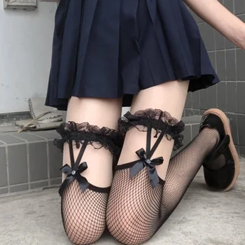 Секси мрежести чорапи до бедрото, в рибарска мрежа, дълги чорапи за момичета, чорапи в японски стил, дантелени чорапи до коляното на подтяжках с лък