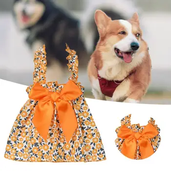 Рокля за кучета, рокля на спагети презрамки, Стоки за домашни любимци, Удобен мек атрактивен памук, с цветен модел, лък за кучета