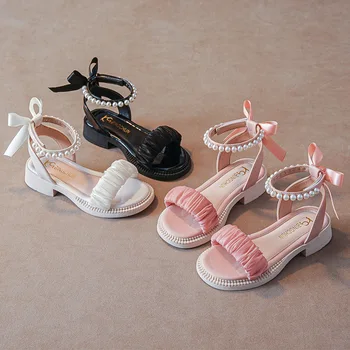 Циганин сандали за момичета от 2 до 12 години, кожена детски обувки, 2023 г., летни детски сандали с перли подметка, модни Сандали принцеса с дупки