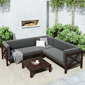 Открит дървен вътрешен двор в задния двор, клетъчна група за сядане от 4 части с възглавници и маса, комплект мека мебел с Х-образната облегалка