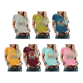 Дамски Реколта тениска 83 с къс ръкав и кръгло деколте, Лятна тениска 40th Birthday С изображение на Дърво и Цветни Блокчета, Празничен Пуловер, Топ