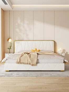 Модерна минималистичная кожено легло за съхранение на неща, светла луксозна основна спалня, двойно легло в кремовом стил, легло-бокс с високо налягане на въздуха