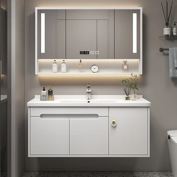 Шкаф за баня, боядисани с бяла боя, Модерен минималистичен мивка, керамичен вграден гардероб за измиване на лицето с мивка