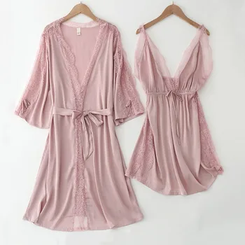 Розово сладко лък, завързана дреха, 2 бр. дамски секси пижама с V-образно деколте, на изкушението, на открито мини нощница, пролет-лято, сатен домашно облекло