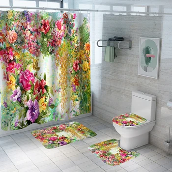 Маслени картини Цветя, Водоустойчив Завеса за душ от полиестер, Противоскользящий мека подложка за баня, Капака на Тоалетната чиния, Комплект за баня, интериор