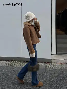 Модерно яке от изкуствена велур, зимно дамско плътно топло укороченное палто с дълъг ръкав 2022, однобортное късо палто с ревера