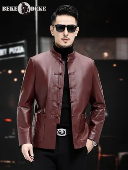 Мъжки костюм от естествена кожа в стила на Тан, ретро китайски стил, яка-часова, късо палто от естествена телешка кожа, мъжки тънка горна дреха, Размер 5XL