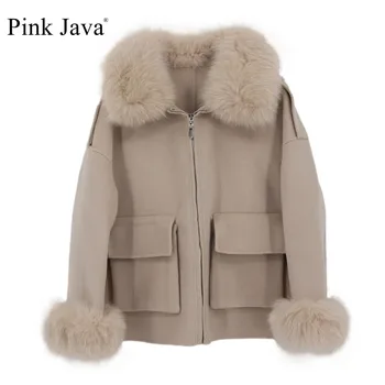 Rose Java QC21010, дамско модно вълна палто, кашмир палта, зимни яка от естествен лисьего кожа, маншет от естествена кожа, вълна яке