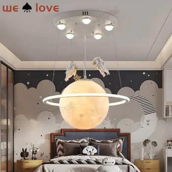 Таванна полилей с луната за детска стая, творчески лампа за спални за момчета и момичета, тела с 3D принтом лунни астронавти, лампа за дома