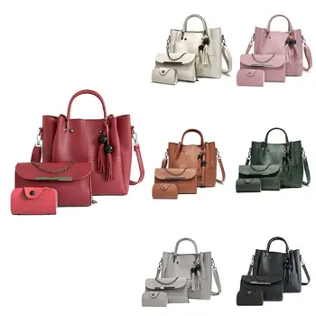 3 бр. дамска кожена чанта с пискюли, чанти през рамо, чанта-тоут, портфейл, чанта-месинджър