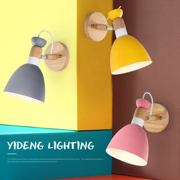 Креативен Регулируем Дървен Стенен Лампа Nordic 7 Цвята Macaron E27 Нощни Монтиран На Стената Лампа За Спални, Ресторант, Кафене, Домашен Декор