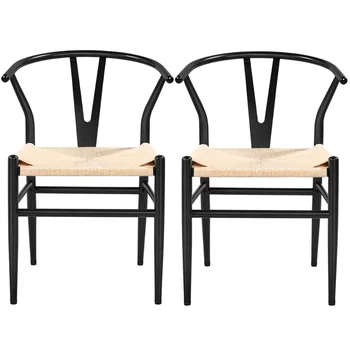 2 елемента Метални трапезни столове от средата на века с тъкани седалка от коноп, Оплетка седалка от коноп, стол за Хранене от естествен материал, скандинавски мебели
