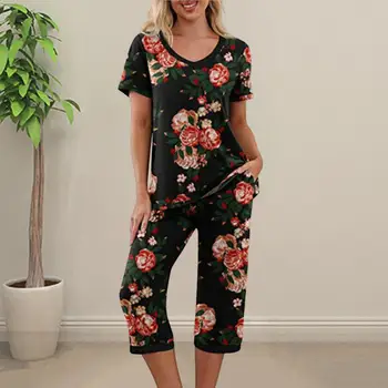 Жена комплект дрехи за почивка с флорални принтом, Удобна тениска с V-образно деколте, Широки Скъсяване на панталон с джобове