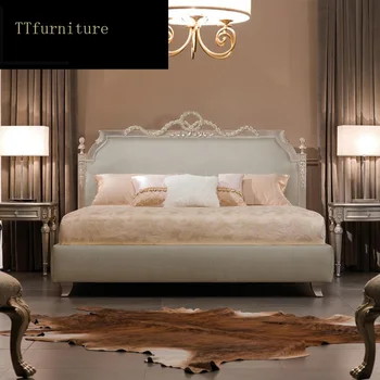 Модерна европейска легло от масивно дърво за 2 души, Модни резбовани кожена френски мебели за спалня King Size jx107