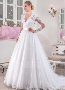 Модно Сватбена рокля с дълъг ръкав и V-образно деколте, Лейси апликация с Дължина до пода, Сватбената рокля трапецовидна форма robe de soiree 2020