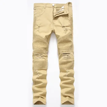 Нови модни мъжки байкерские дънкови панталони, приталенные нагънат мотоциклетни дънкови панталони, маркови дизайнерски скъсани дънки цвят каки с висока еластичност