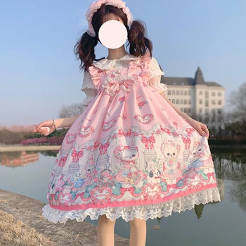 Японската Готическа Лолита Розова Градина Заек Jsk Прашка Розова Рокля За Момичета Викторианската Принцеса Вечерни Kawaii Baby Doll Рокли За Жени