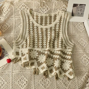 Куха майк в ретро стил с флорални принтом и плетене за жените 2023, лятна жилетка без ръкави в етнически стил с нередовни пискюли, дамски блузи