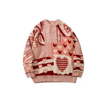 2023 Градинска дрехи с цветен блок във формата на сърце, дамски есенни свободни коледни пуловери в стил харадзюку, унисекс, мъжки възли пуловери в стил хип-хоп