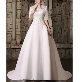 Бели сатенени сватбени рокли с деколте във формата на сърце, бродирани с мъниста апликации, бална рокля, сватбени рокли за жени с жакетом