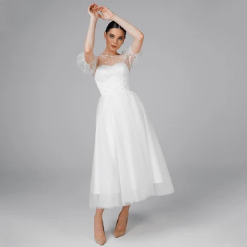 Сватбени рокли от тюл в бяло грах с кръгло деколте и пищни ръкави, Къси сватбена рокля за жените 2023, сватбената рокля трапецовидна форма за зала сватбена рокля