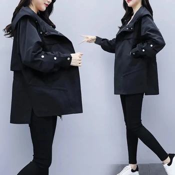 Бежово яке-windbreakers, дамски тренч средна дължина, пролет и есен, нова корейска свободна черно яке с качулка, дамски връхни дрехи