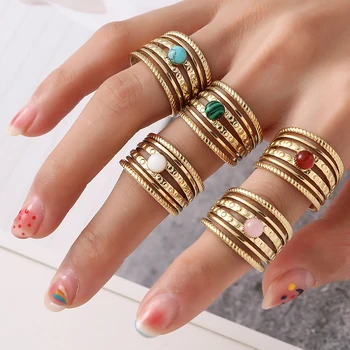 Класически реколта пръстени с естествени камъни за жени, регулируеми отвори, пръстени, мода декорация от неръждаема стомана