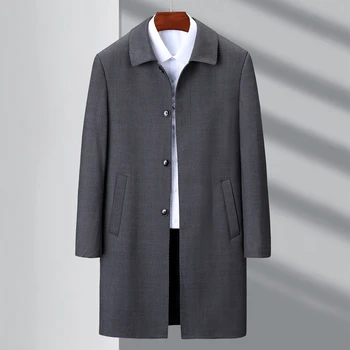 Мъжки ветровка с ревери копчета, тренч средната дължина на мъжкото бизнес ежедневното вълна палто, якета свободно намаляване за мъже