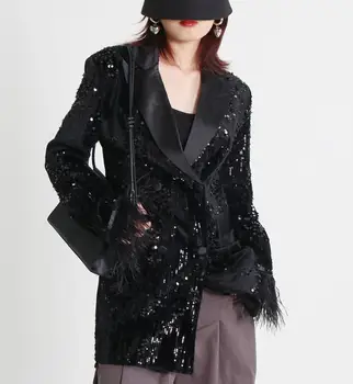 Дамски блейзери с пайети и пера в стил мозайка, однобортный тънко сако с дълъг ръкав, дамски есен облекло