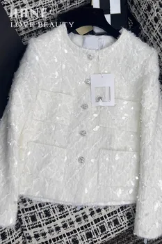 Модерен дамски луксозна бяла укороченная яке с пайети ръчно изработени с дълги ръкави, елегантна жена универсално късо палто с бриллиантовыми бутони