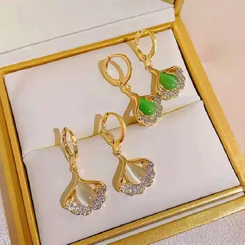 Сладки женски розово-зелени обеци с кръгла камък, луксозни кристални обеци-халки, класически сватбени обици с цвят на жълто злато за жени