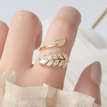 Нежен пръстен с листа за жени, златист Цвят, павиран вътрешен кристал, КАМЪК на Камък, Модерно Регулируема който отваря пръстен, фини бижута за момичета