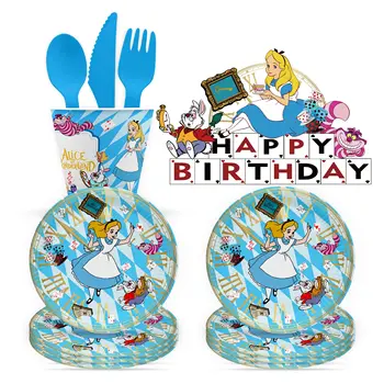 Тематично оформление на парти в чест на рождения ден в стила на Алиса в Страната на чудесата, за Еднократна употреба съдове за готвене, Чинии, чаши, балони, фон, Детски душ, подаръци за деца