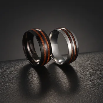 Луксозни пръстени от неръждаема стомана 8 мм за мъже, инкрустация от дърво акация, сватбени и годежни пръстени, полиран модерен чифт бижута, подаръци