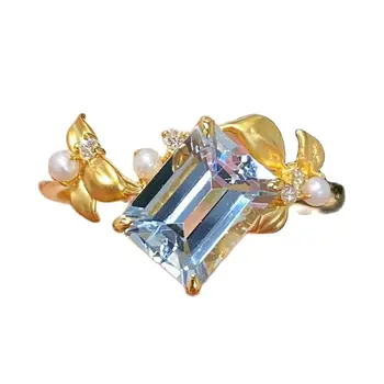 925 Марка, Модерен Пръстен с имитация на естествени перли, покрит с 14-каратово жълто злато Пръстен с цвете за жени, с Квадратно пръстен със син топаз, Подарък за парти