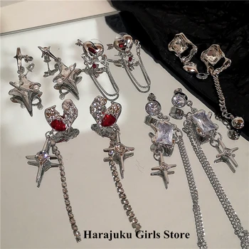 Нова корейската мода, пънк, неправилни геометрични обеци с кристали във формата на Звезди и Сърца, Червен Кристал, Кръст, висящи обеци за жени, Бижута Hot Girl Y2K