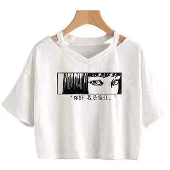 junji ito Тениски на бретелях 2000-те години, графичен съкратен топ в стил хипи за момичета, готическия yk2, ретро улица съкратен топ