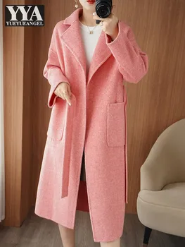 Есенни женски нов розов двустранно вълна палто Офис-секси дълга вълна палто с колан, връхни дрехи, модни тренчи свободно намаляване на