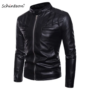 Schinteon мъжки мотоциклетът яке от изкуствена кожа, връхни дрехи с висока яка, ежедневното финото палто от изкуствена кожа в кафяво, черно