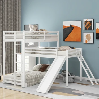 Многофункционална трехъярусная легло L-образна форма с двойно легло-мансарда, стълбище и пързалка, бяла, сива