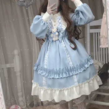 Пролетта е ново светло синя рокля Лолита с дълъг ръкав за сладко момиче Op Loli, ежедневни рокли принцеса, японски дрехи Kawaii 4XL