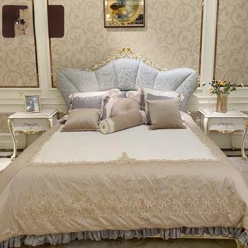Изработена по поръчка прясна резбовани легло от масивно дърво, елегантна италианска бяло-синята легло в ретро стил, елегантна и скъпа двойно легло в европейски стил