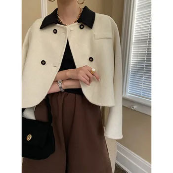 Вълнени модни дамски якета в контрастен цвят, с дълъг ръкав и копчета, свободно ежедневното пролетта късо палто с бял цвят, микс